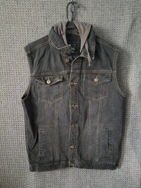 Mensfield Culture Black Hooded Denim Jean Vest Men's XL